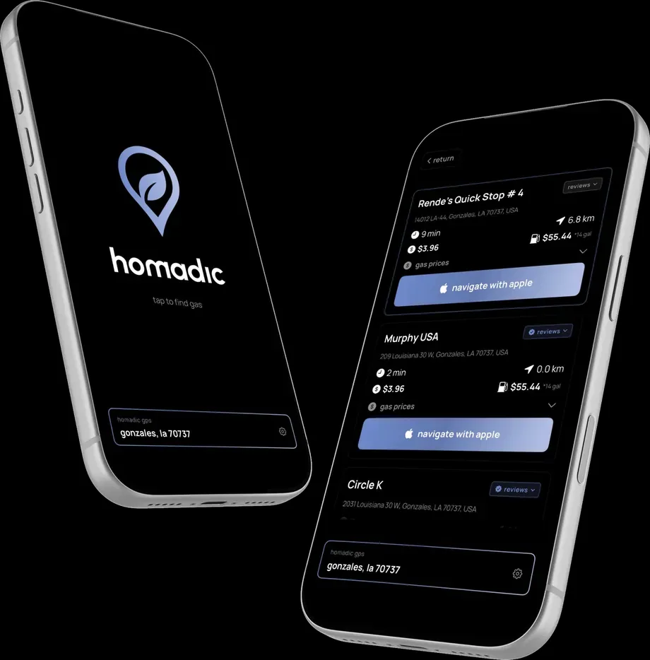 homadic iOS app on two iPhones: the tap-to-find-gas home screen and nearby gas station results with prices, drive time, and fill cost