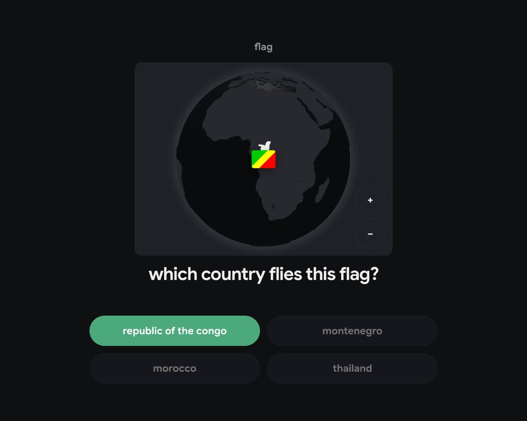 meridian flag mode — a 3D globe with the Republic of the Congo flag asking which country flies this flag, with four multiple-choice countries