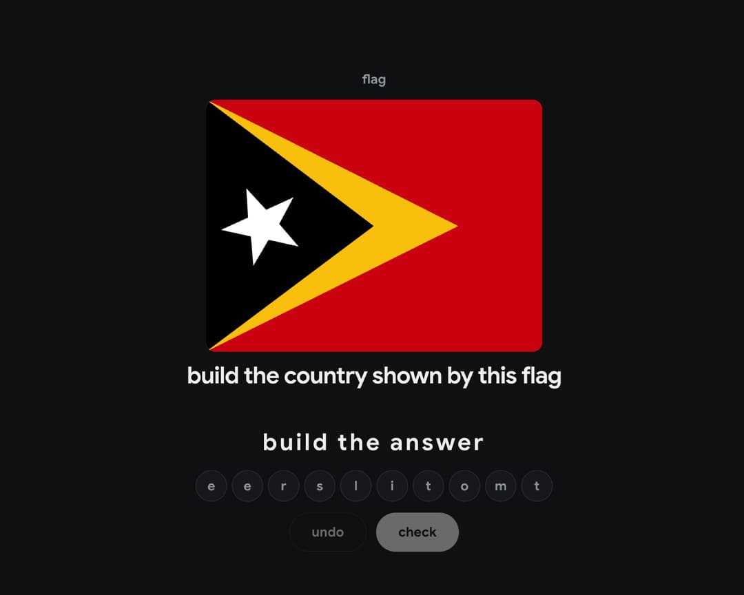 meridian flags scramble mode — rebuilding a country name from shuffled letter tiles after seeing its flag