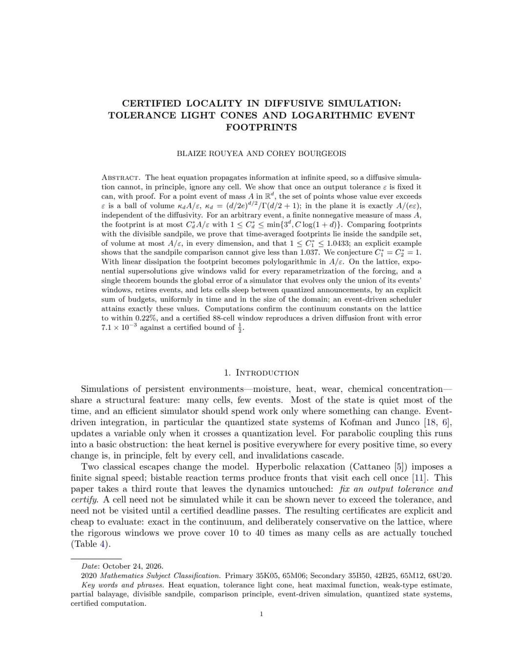 Certified Locality in Diffusive Simulation: Tolerance Light Cones and Logarithmic Event Footprints