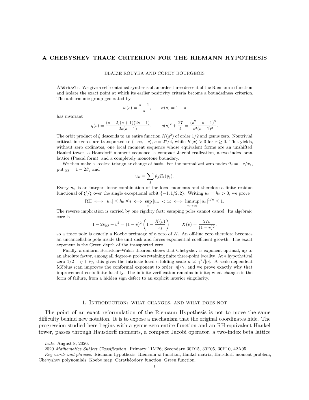 A Chebyshev Trace Criterion for the Riemann Hypothesis - First page preview