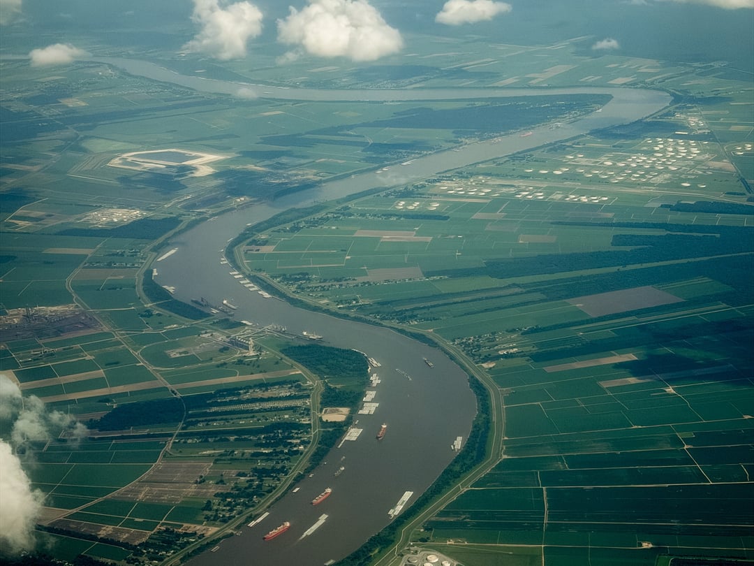 Aerial view of the Mississippi River winding through farmland and industry near Gonzales, LA, USA