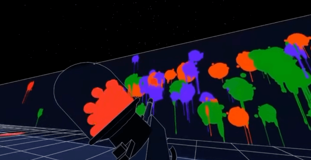 Night-mode WhiteOut arena wall covered in vivid orange, green, and purple paint splatters as a gun fires orange paint