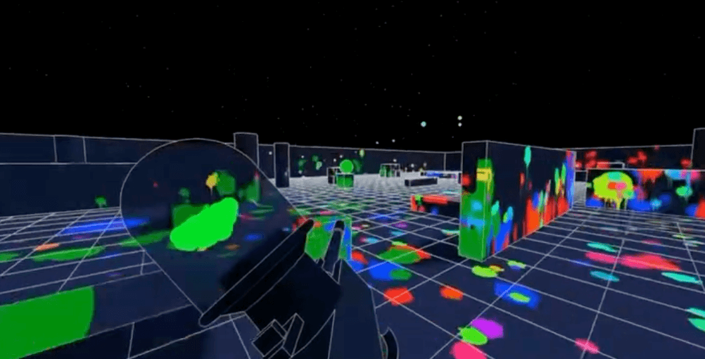 A dark, starry WhiteOut Paintball arena with neon green, blue, and pink paint splatters across the grid floor and walls