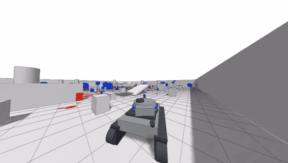 Third-person view of a small tank vehicle rolling across a white paint-splattered WhiteOut Paintball arena