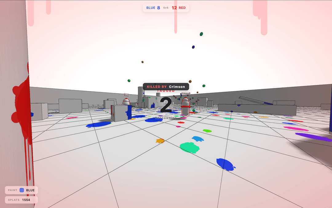 WhiteOut Paintball respawn screen showing a white arena splattered with multicolor paint after being tagged