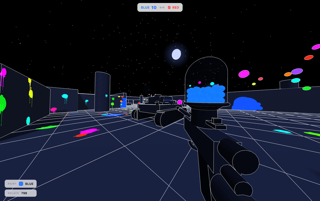 Night-mode WhiteOut Paintball arena under a starry sky with neon paint splatters and a paintball gun loaded with blue paintballs