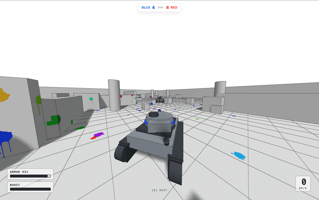 Third-person view of a small tank vehicle rolling across a white paint-splattered WhiteOut Paintball arena
